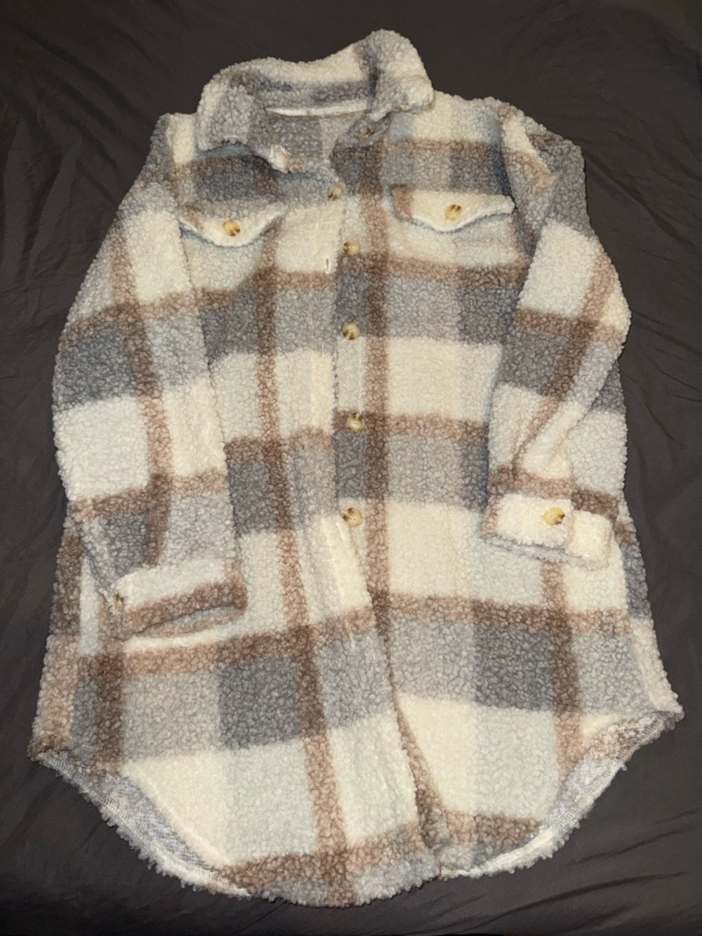 Cozy Sherpa Plaid Shacket in Cream, Gray & Brown